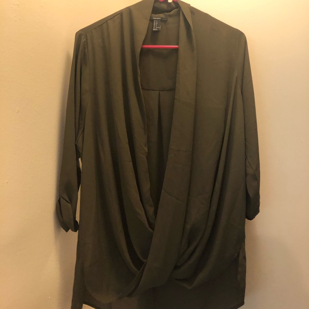 Forever 21 Olive High Low Surplice Blouse S